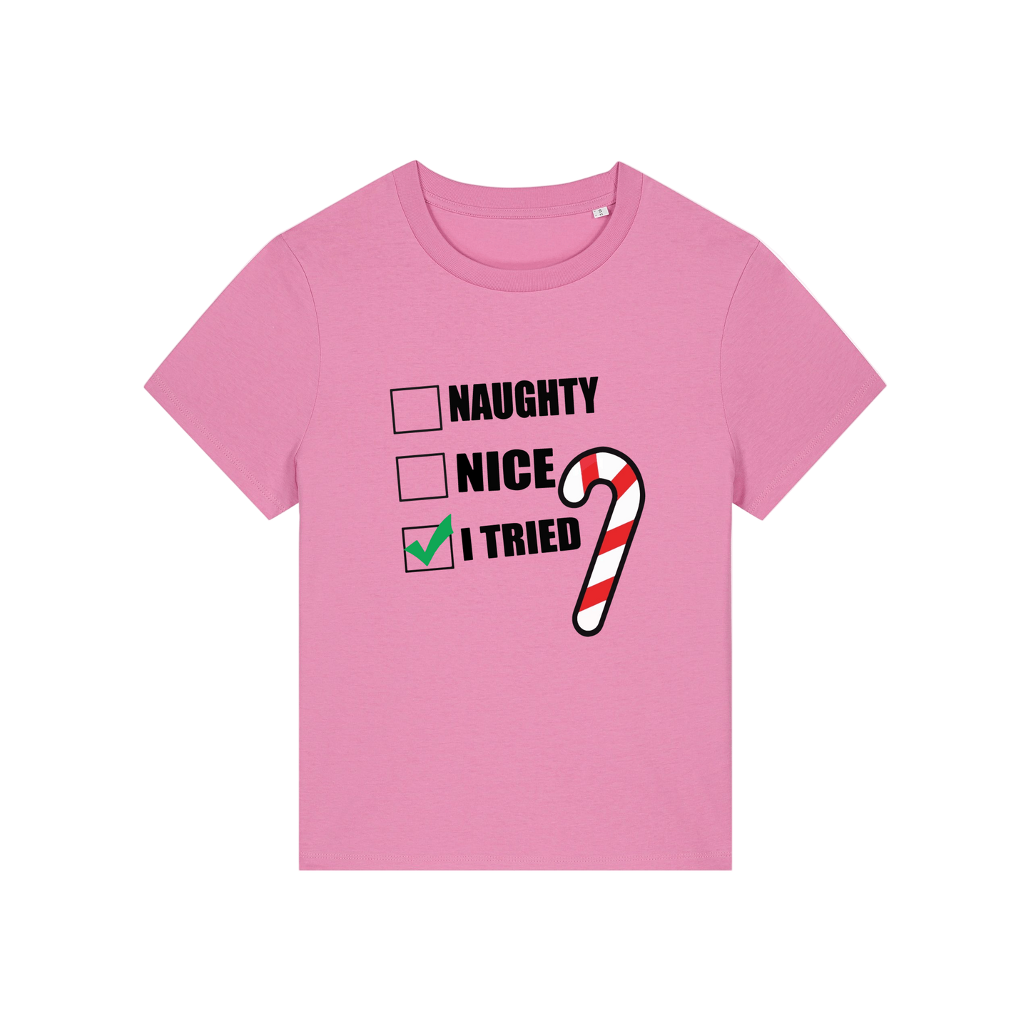 pink Christmas t-shirt with Christmas-themed text and candy cane graphic 