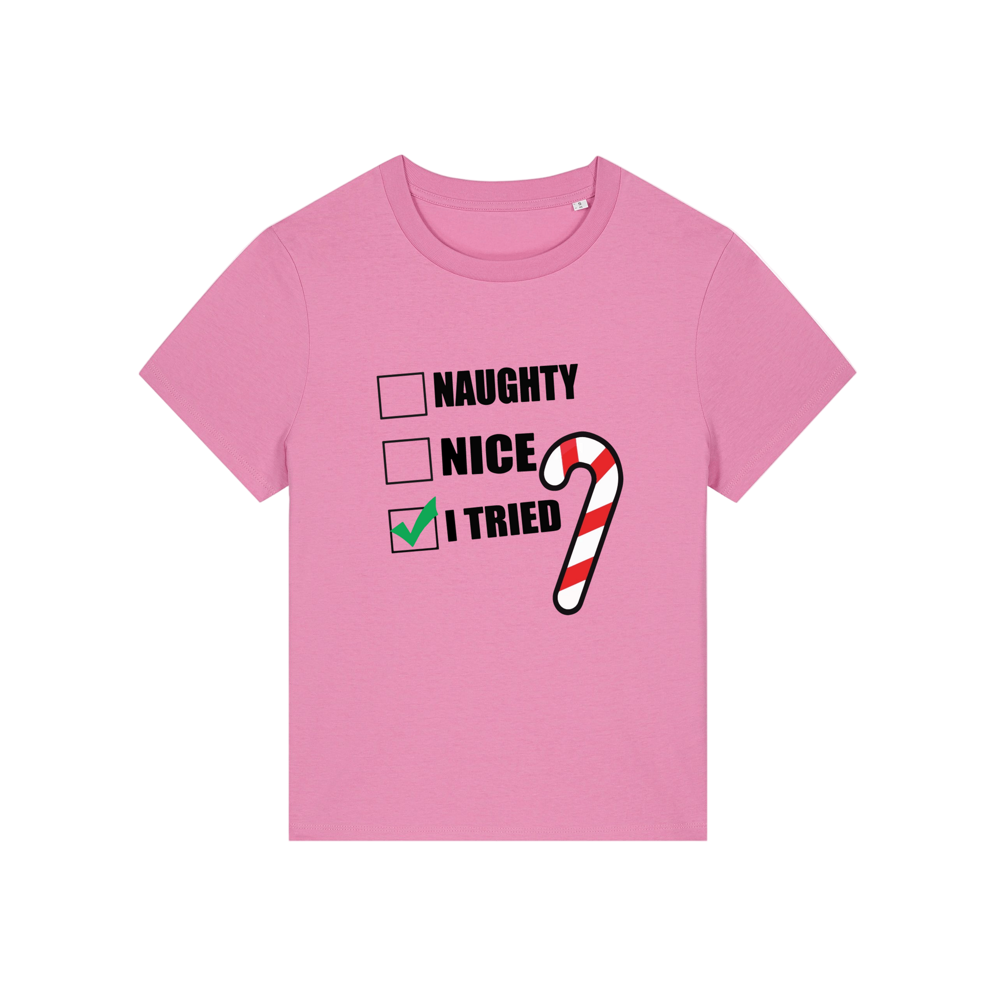 pink Christmas t-shirt with Christmas-themed text and candy cane graphic 