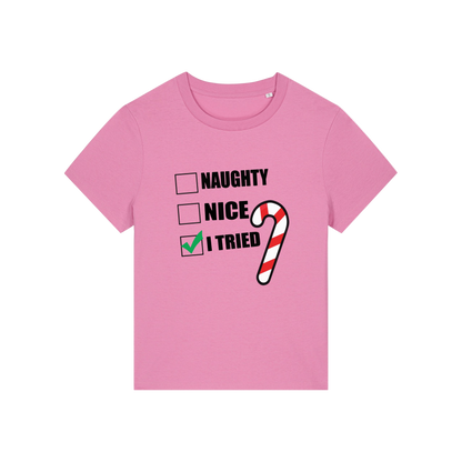 pink Christmas t-shirt with Christmas-themed text and candy cane graphic 