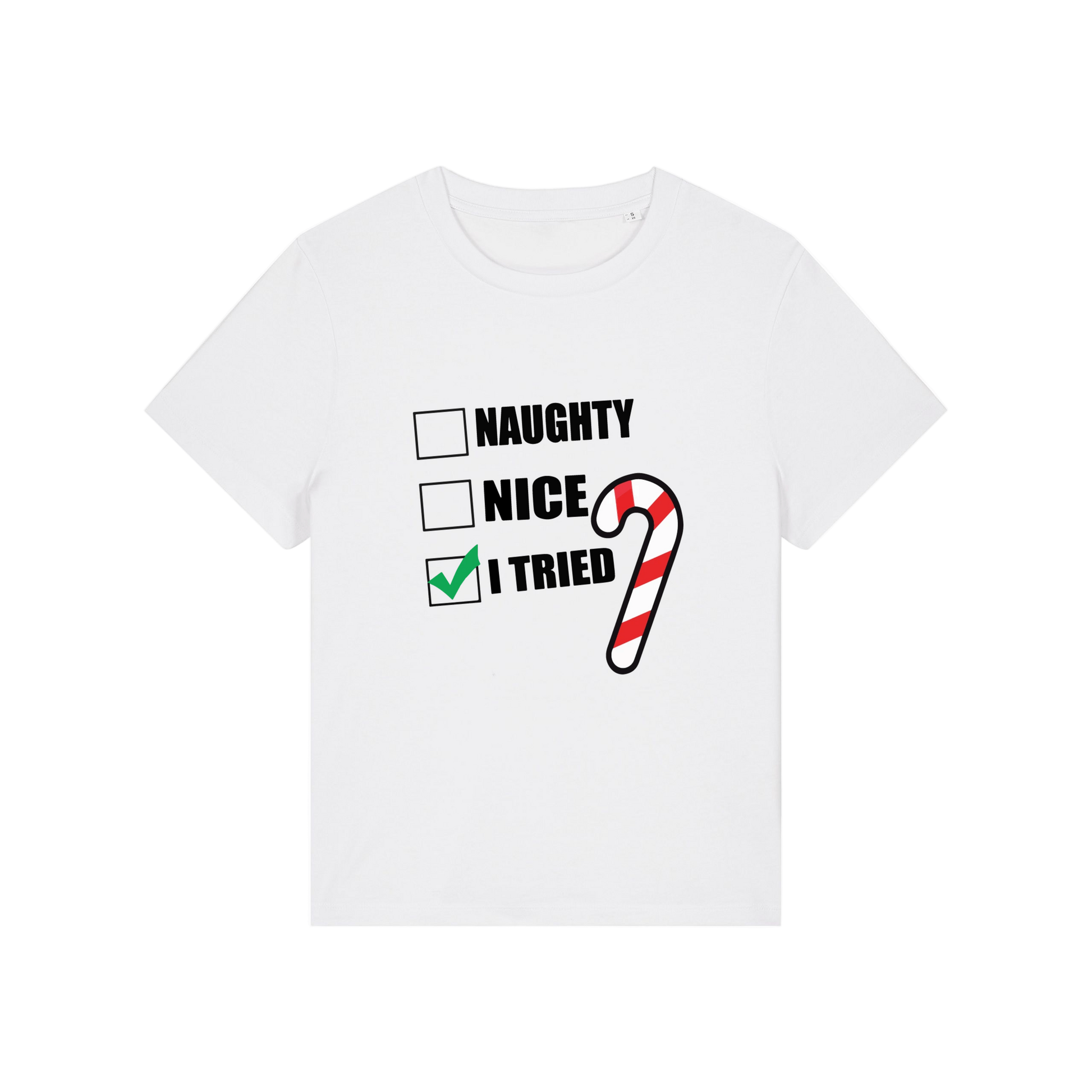 white Christmas t-shirt with Christmas-themed text and candy cane graphic 
