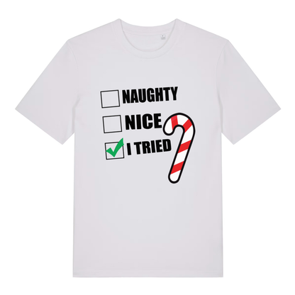 White Naughty Nice I Tried funny slogan t-shirt with I Tried tick and candy cane  