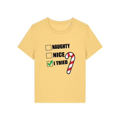 yellow Christmas t-shirt with Christmas-themed text and candy cane graphic 