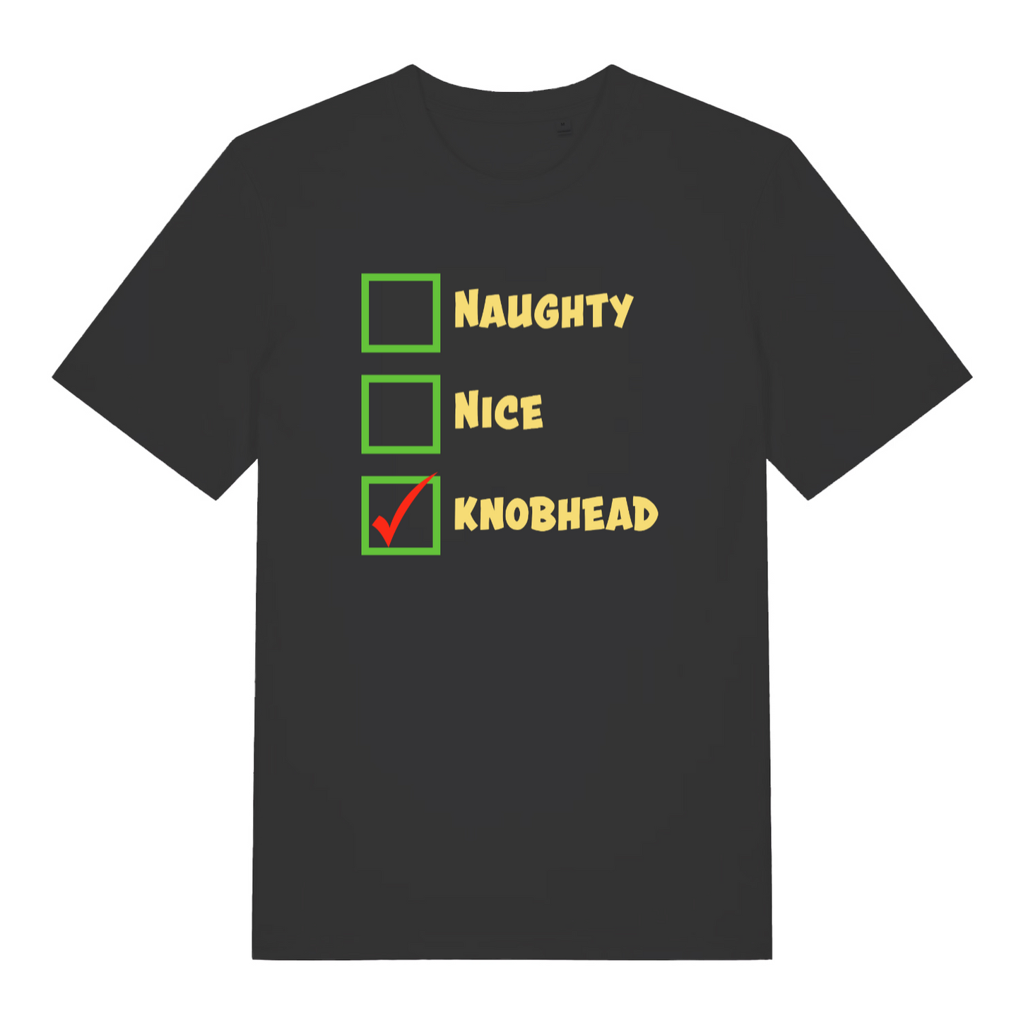black christmas t-shirt with the words 'naughty nice knob'