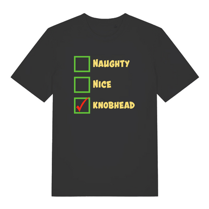 black christmas t-shirt with the words 'naughty nice knob'