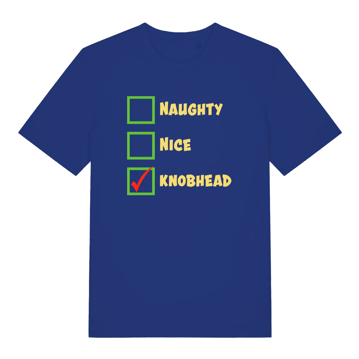 blue christmas t-shirt with the words 'naughty nice knob'