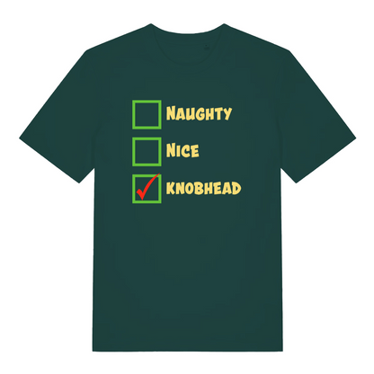 green christmas t-shirt with the words 'naughty nice knob'