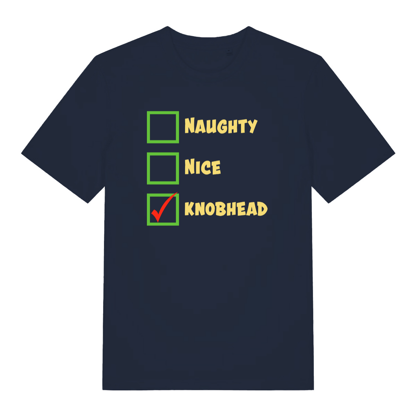 navy christmas t-shirt with the words 'naughty nice knob'