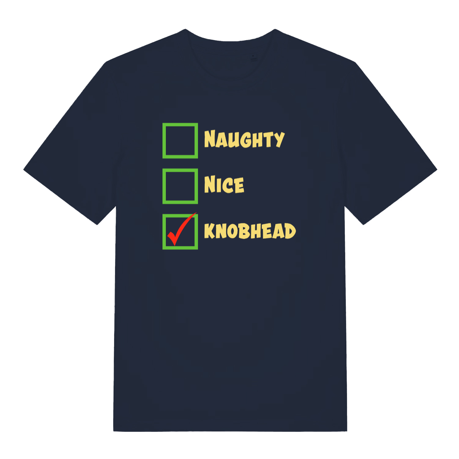 navy christmas t-shirt with the words 'naughty nice knob'