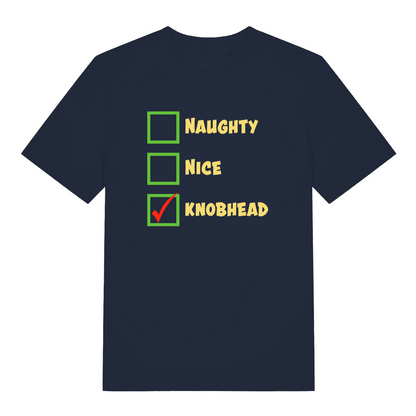navy christmas t-shirt with the words 'naughty nice knob'