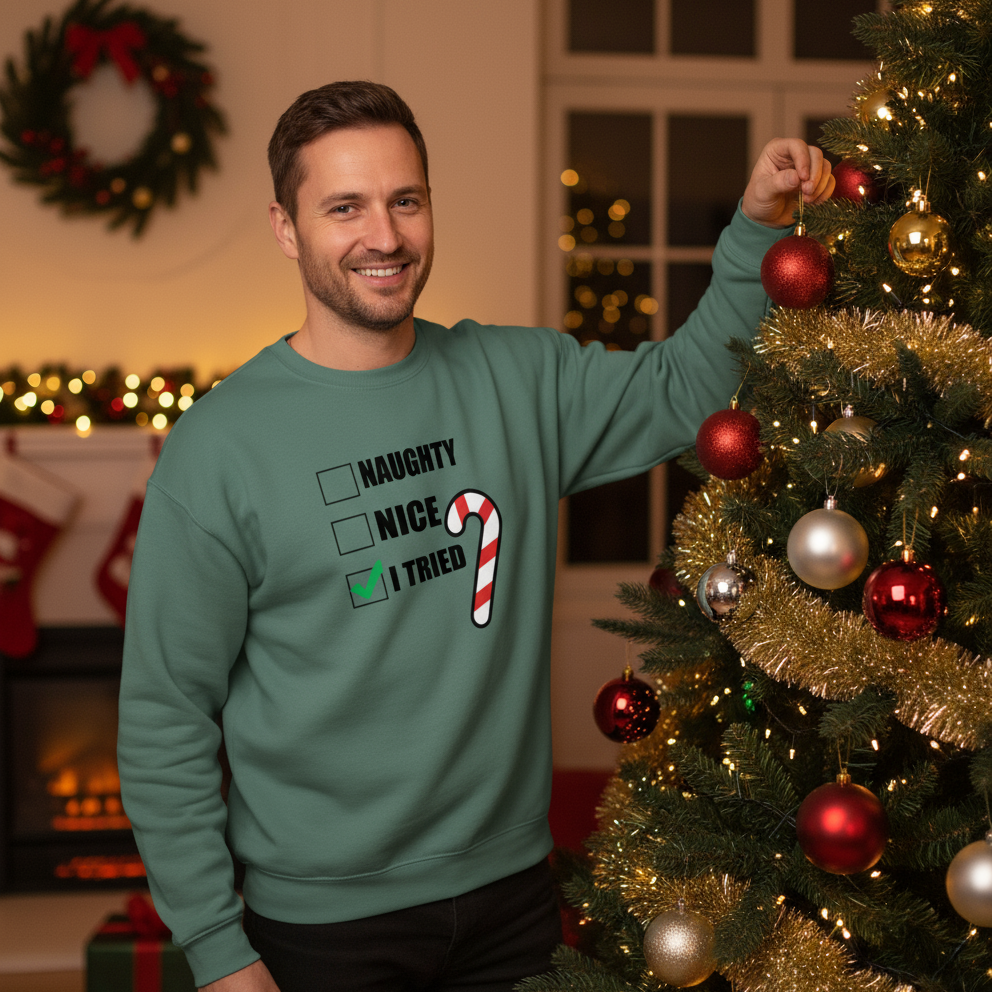 Man decorating a Christmas tree wearing a sweater with a candy cane design.