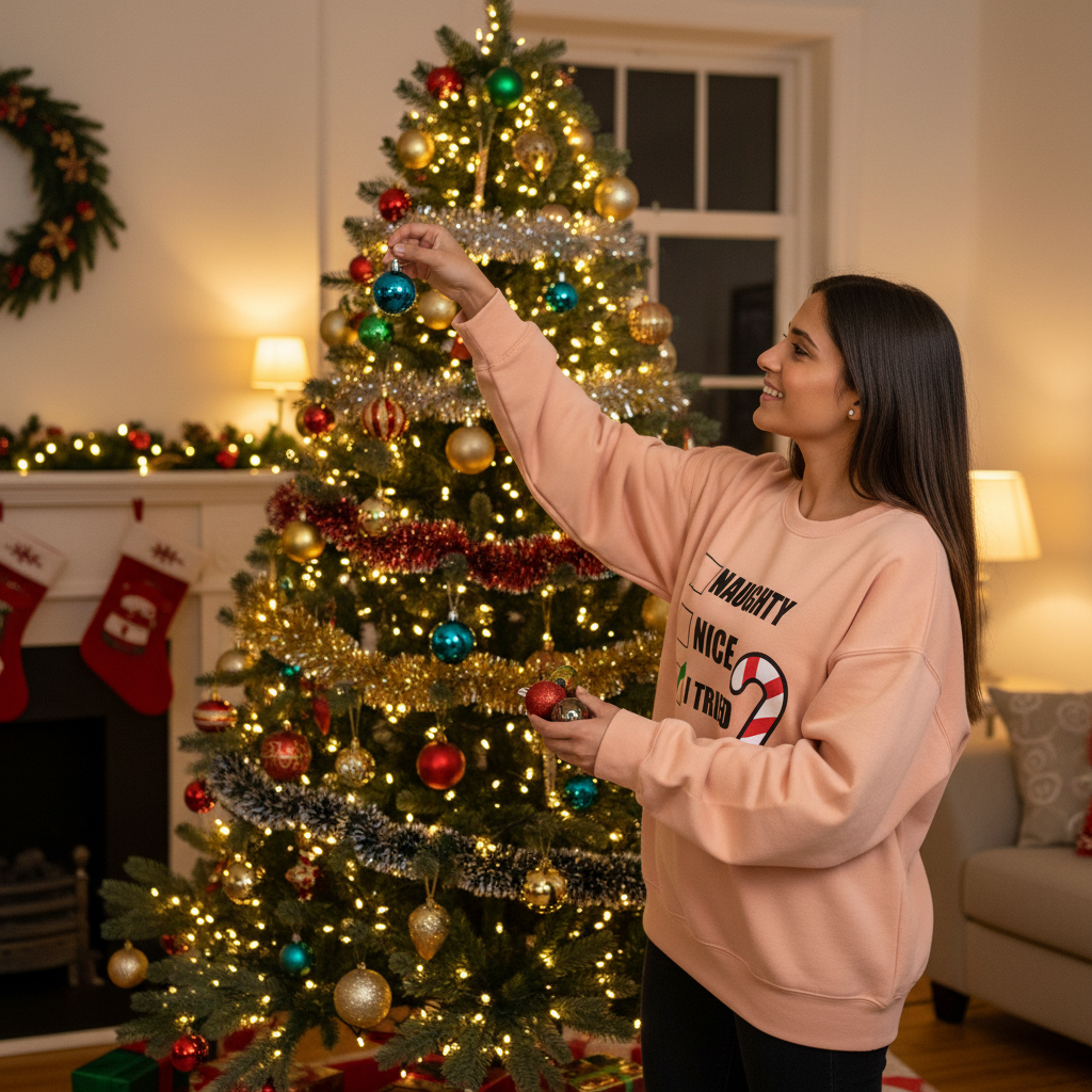 Woman decorating a Christmas tree in a cozy living room.