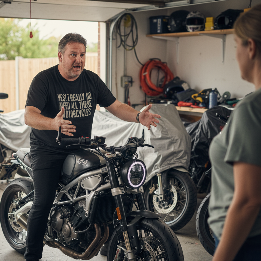 Man on a motorcycle talking to a woman in a garage with motorcycles and tools.