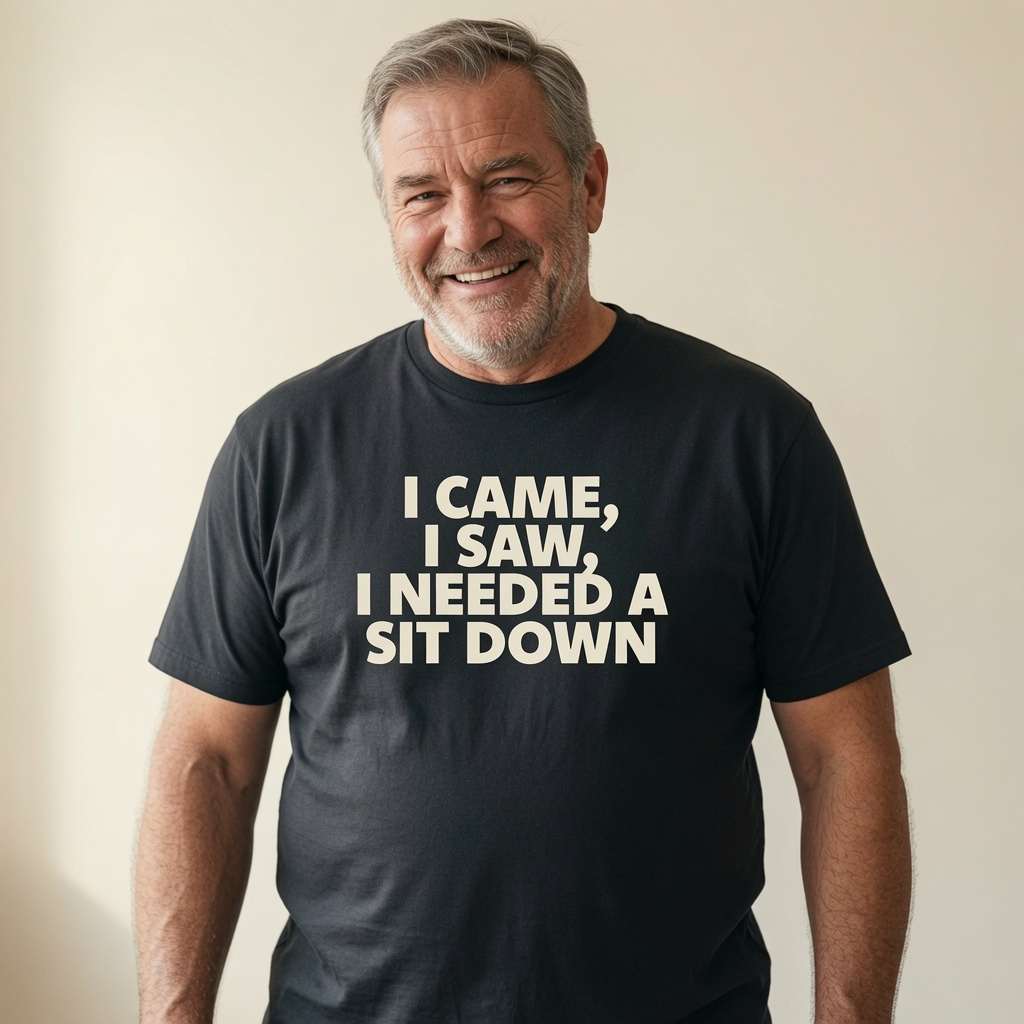 Smiling grey-haired man in a black I Came, I Saw, I Needed a Sit Down t-shirt, funny and relatable old-age slogan perfect as a dad gift