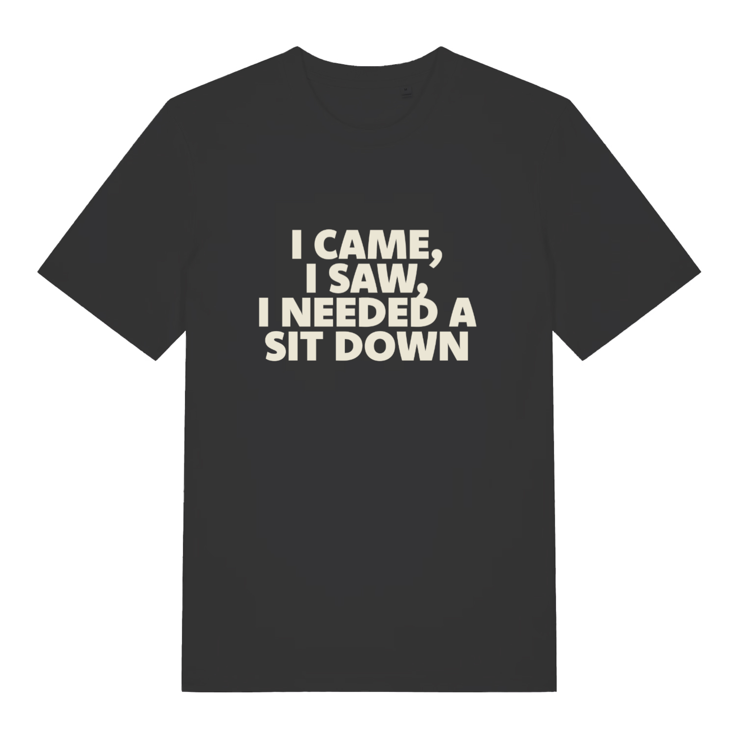 Black I Came I Saw I Needed A Sit Down funny slogan t-shirt with bold lettering  