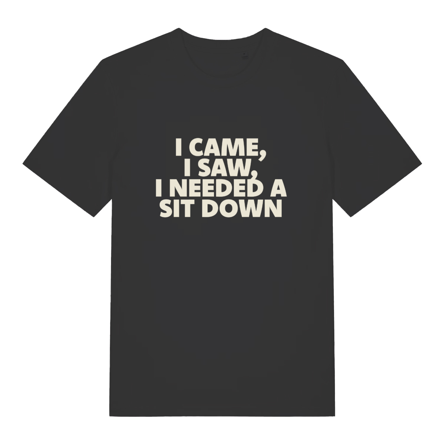 Black I Came I Saw I Needed A Sit Down funny slogan t-shirt with bold lettering  