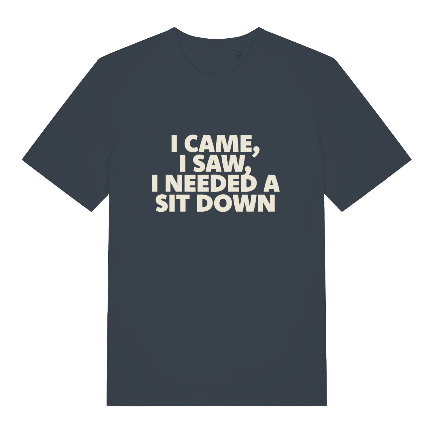 Ink grey I Came I Saw I Needed A Sit Down funny slogan t-shirt showing bold tired slogan  