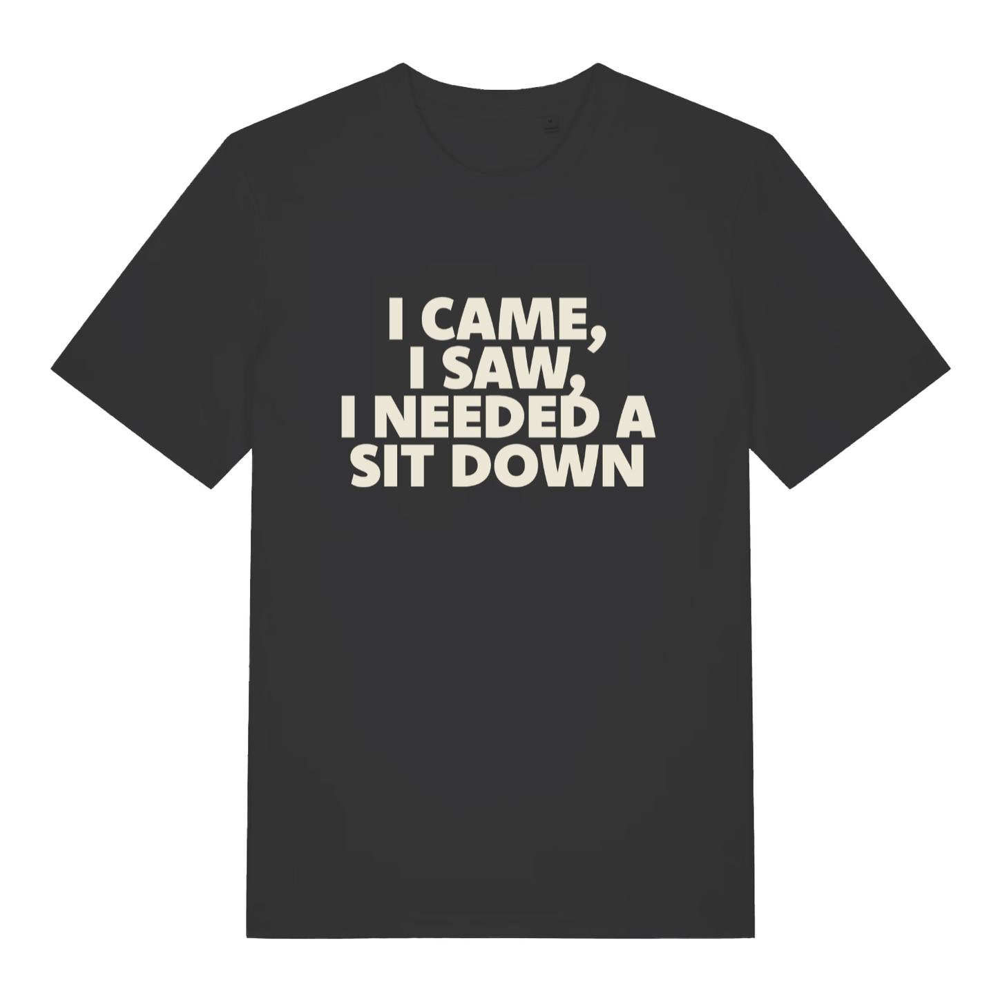 Black I Came I Saw I Needed A Sit Down funny slogan t-shirt with bold lettering  