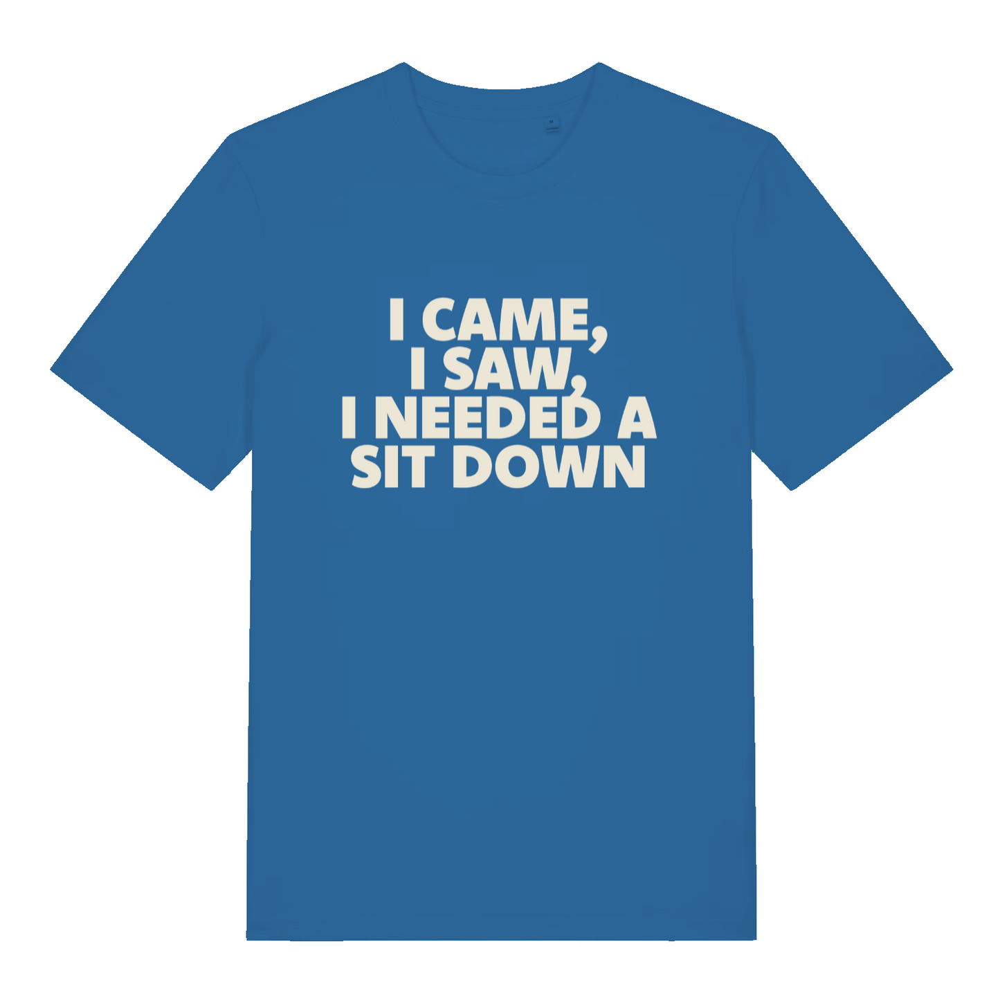 Blue I Came I Saw I Needed A Sit Down funny slogan t-shirt featuring exhausted adult banter  