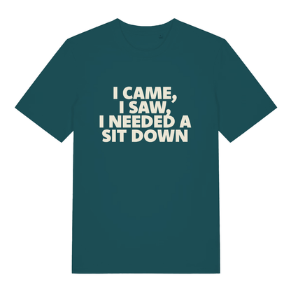 Teal I Came I Saw I Needed A Sit Down funny slogan t-shirt with witty sit down text  