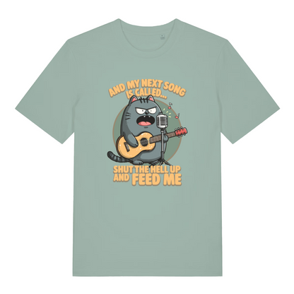 green women's funny animal t-shirt with the graphic of a cat and the slogan 'and my next song is called shut the fuck up and feed me'