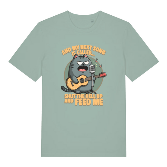 green women's funny animal t-shirt with the graphic of a cat and the slogan 'and my next song is called shut the fuck up and feed me'