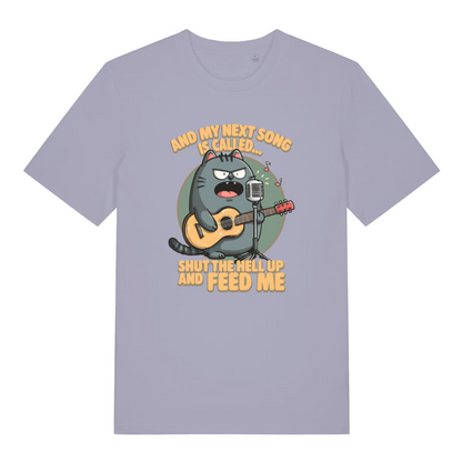 lavender women's funny animal t-shirt with the graphic of a cat and the slogan 'and my next song is called shut the fuck up and feed me'