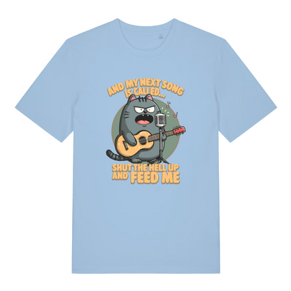 light blue women's funny animal t-shirt with the graphic of a cat and the slogan 'and my next song is called shut the fuck up and feed me'