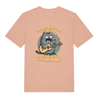 peach women's funny animal t-shirt with the graphic of a cat and the slogan 'and my next song is called shut the fuck up and feed me'