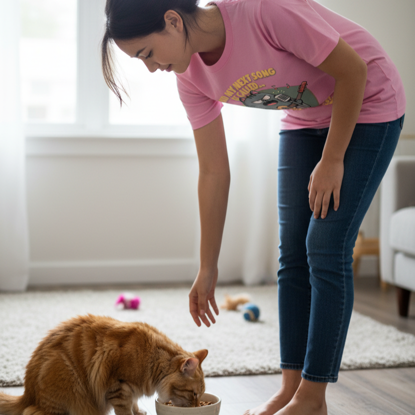 Woman in pink shirt and jeans interacting with a cat on a rug
