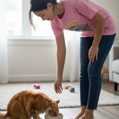 Woman in pink shirt and jeans interacting with a cat on a rug