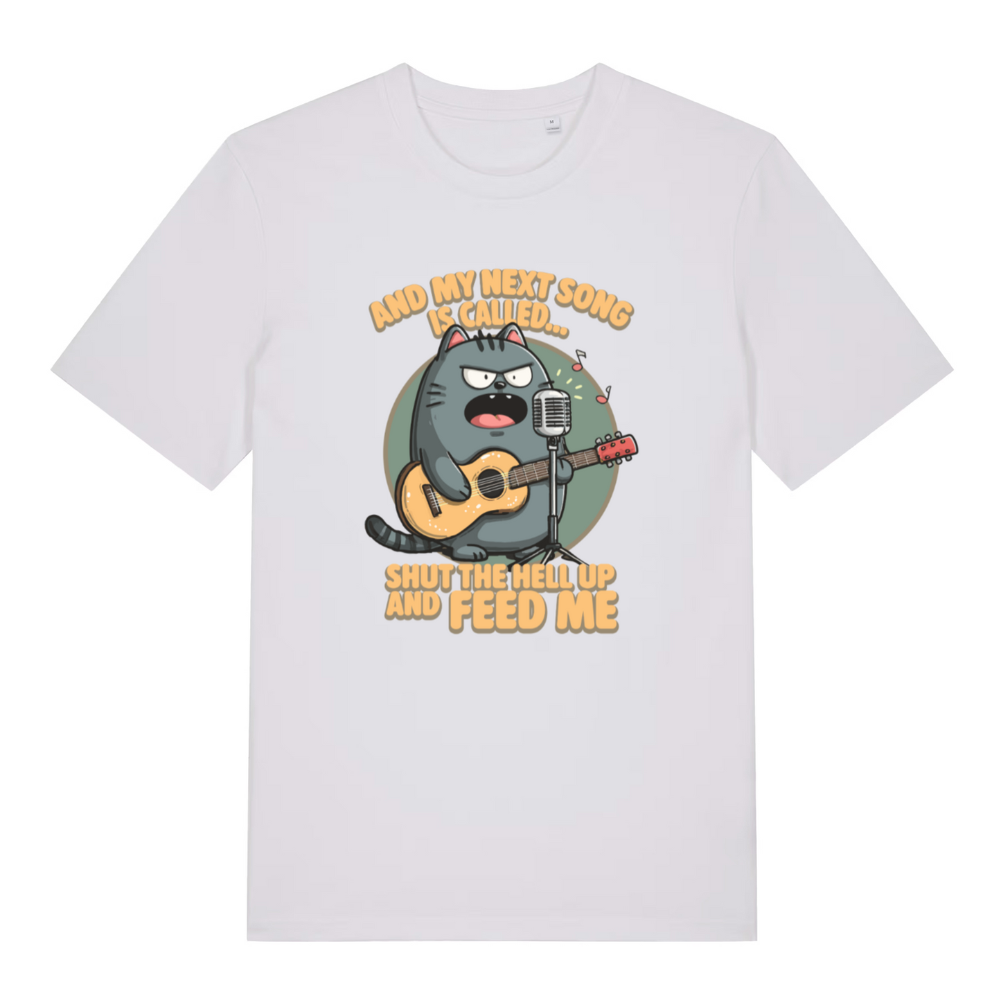 white women's funny animal t-shirt with the graphic of a cat and the slogan 'and my next song is called shut the fuck up and feed me'
