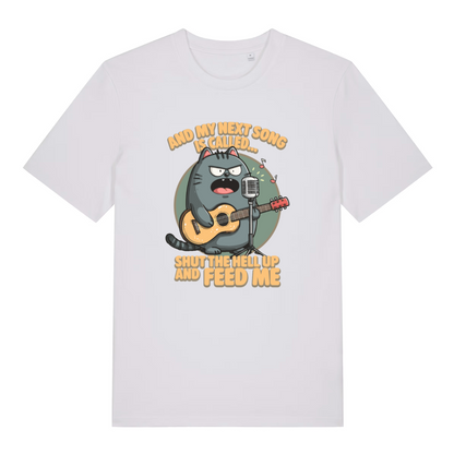 white women's funny animal t-shirt with the graphic of a cat and the slogan 'and my next song is called shut the fuck up and feed me'