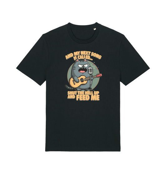black funny animal t-shirt with the graphic of a cartoon cat playing the guitar and the slogan 'and my next song is called shut the hell up and feed me'
