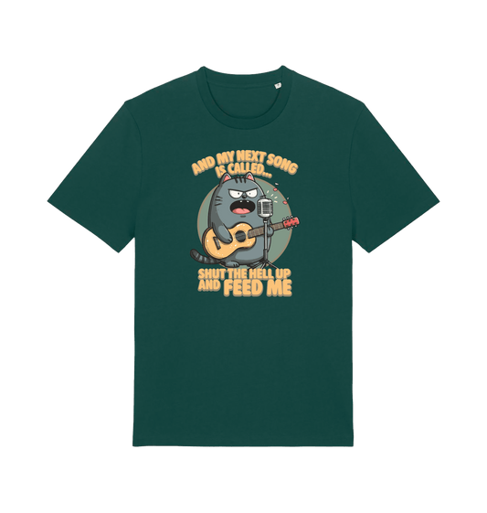 green funny animal t-shirt with the graphic of a cartoon cat playing the guitar and the slogan 'and my next song is called shut the hell up and feed me'