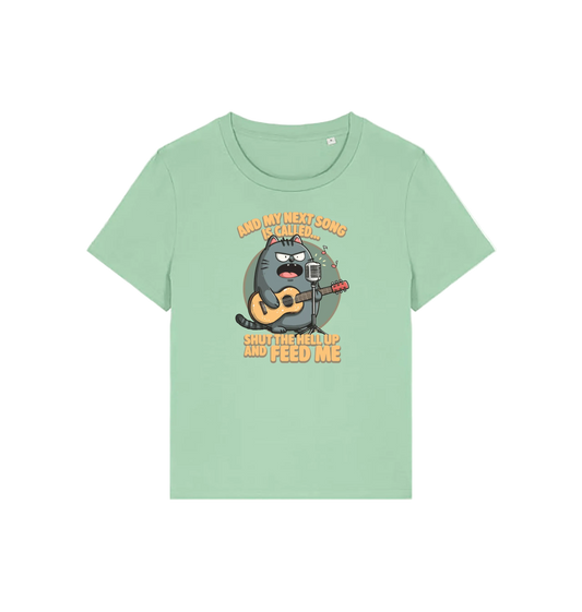 green funny animal t-shirt with the graphic of a cat and humorous text