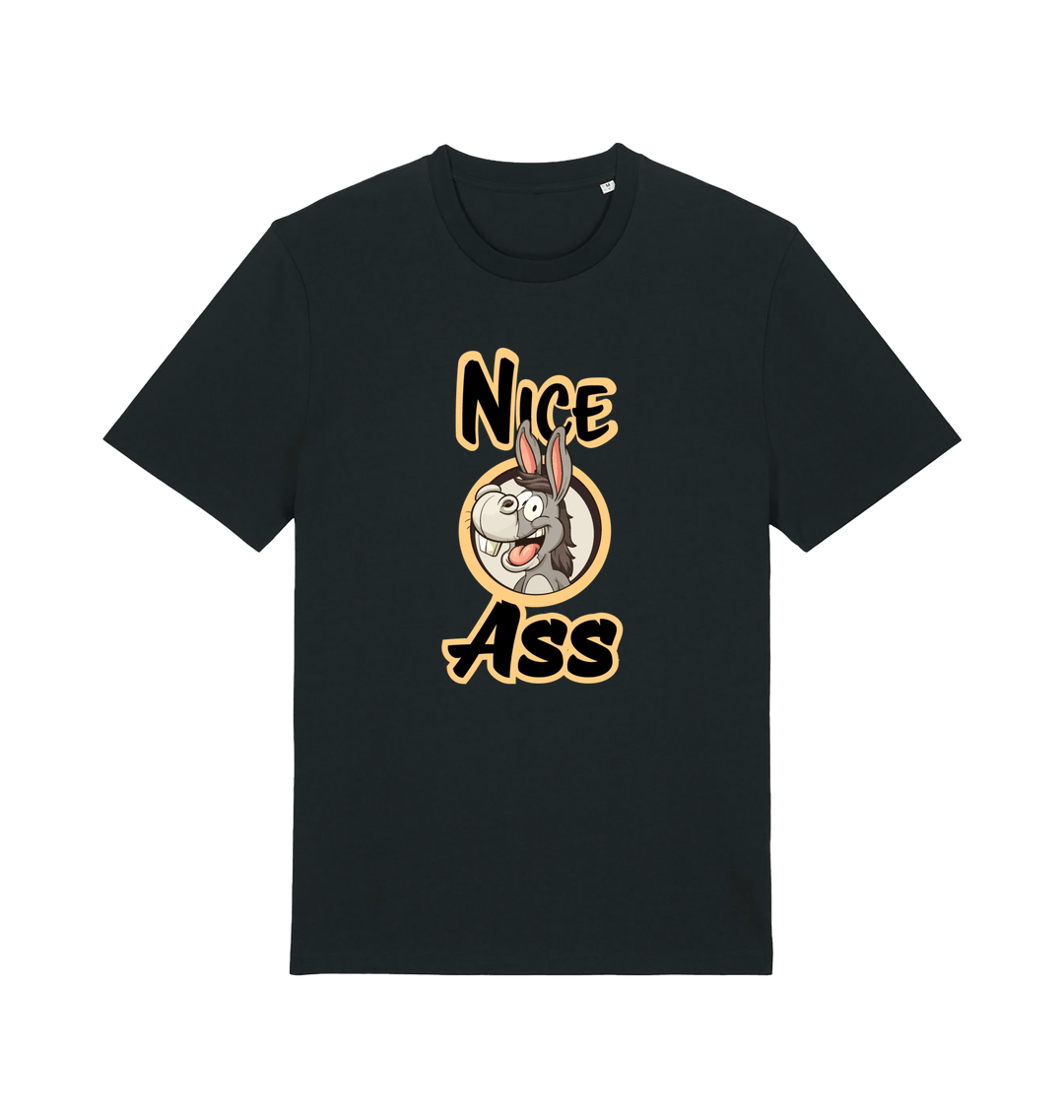 black funny offensive t-shirt with the graphic of a donkey and the slogan 'nice ass'