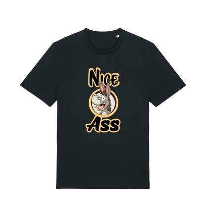 black funny offensive t-shirt with the graphic of a donkey and the slogan 'nice ass'