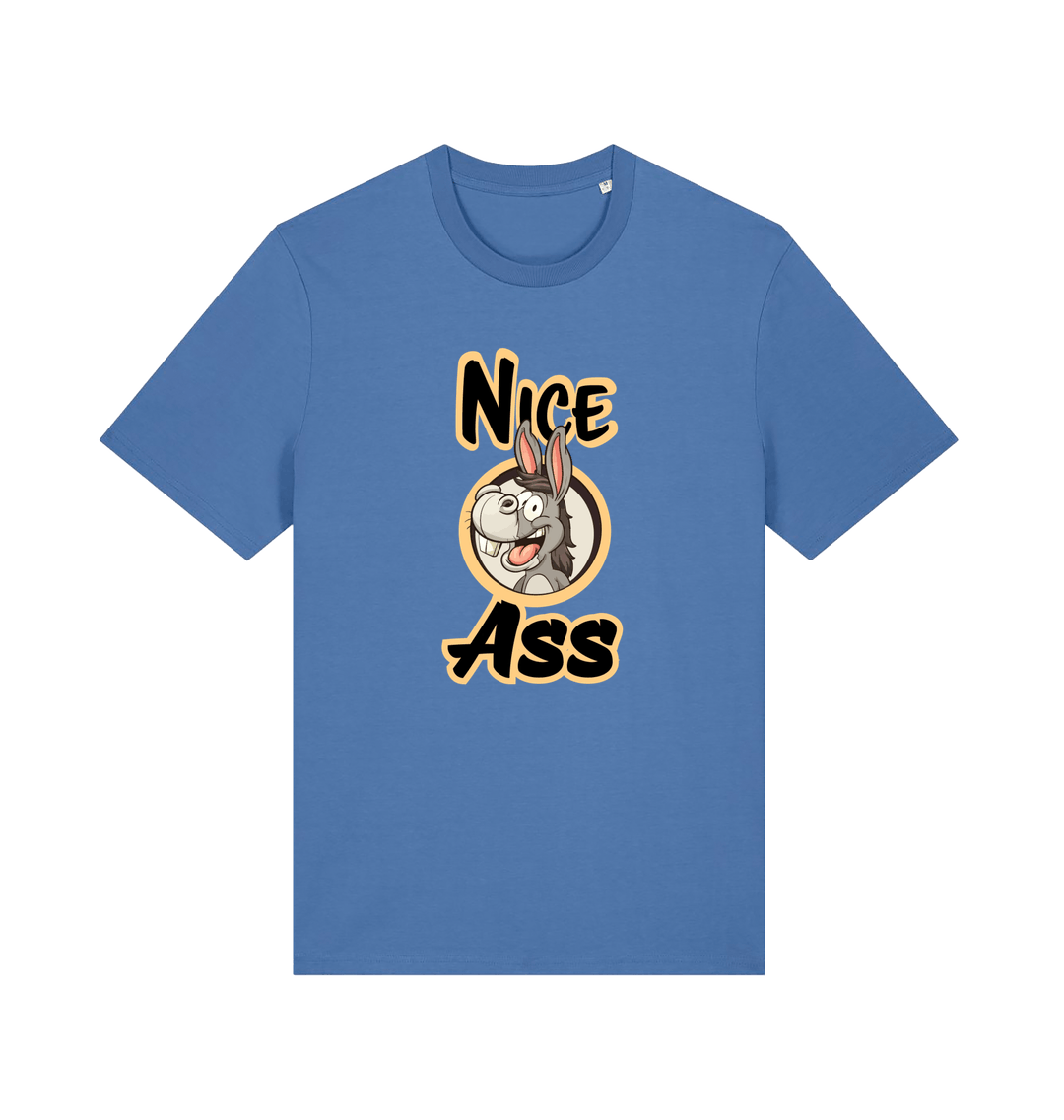 blue funny offensive t-shirt with the graphic of a donkey and the slogan 'nice ass'