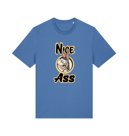 blue funny offensive t-shirt with the graphic of a donkey and the slogan 'nice ass'