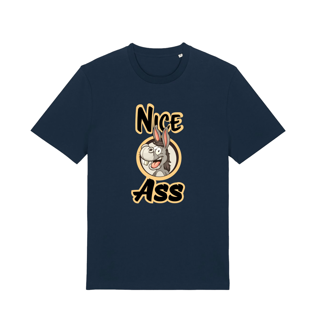 navy funny offensive t-shirt with the graphic of a donkey and the slogan 'nice ass'