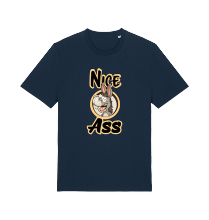 navy funny offensive t-shirt with the graphic of a donkey and the slogan 'nice ass'