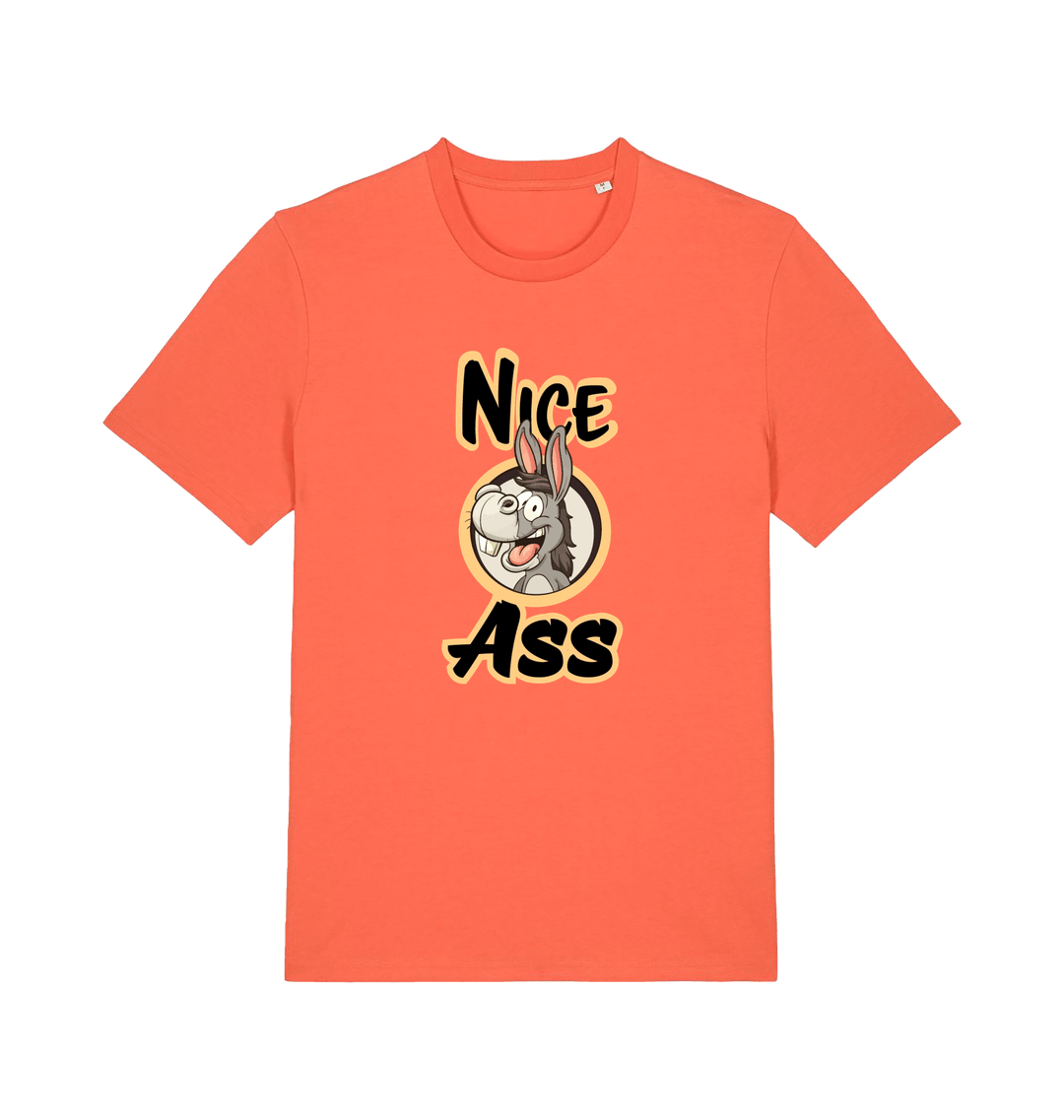 orange funny offensive t-shirt with the graphic of a donkey and the slogan 'nice ass'