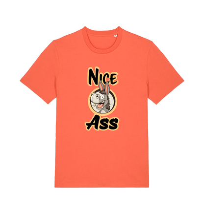 orange funny offensive t-shirt with the graphic of a donkey and the slogan 'nice ass'