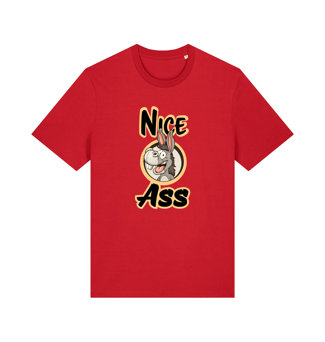 red funny offensive t-shirt with the graphic of a donkey and the slogan 'nice ass'