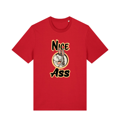red funny offensive t-shirt with the graphic of a donkey and the slogan 'nice ass'