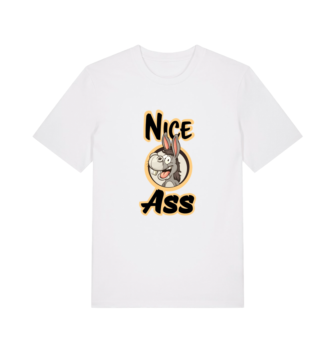 white funny offensive t-shirt with the graphic of a donkey and the slogan 'nice ass'