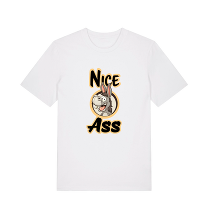 white funny offensive t-shirt with the graphic of a donkey and the slogan 'nice ass'
