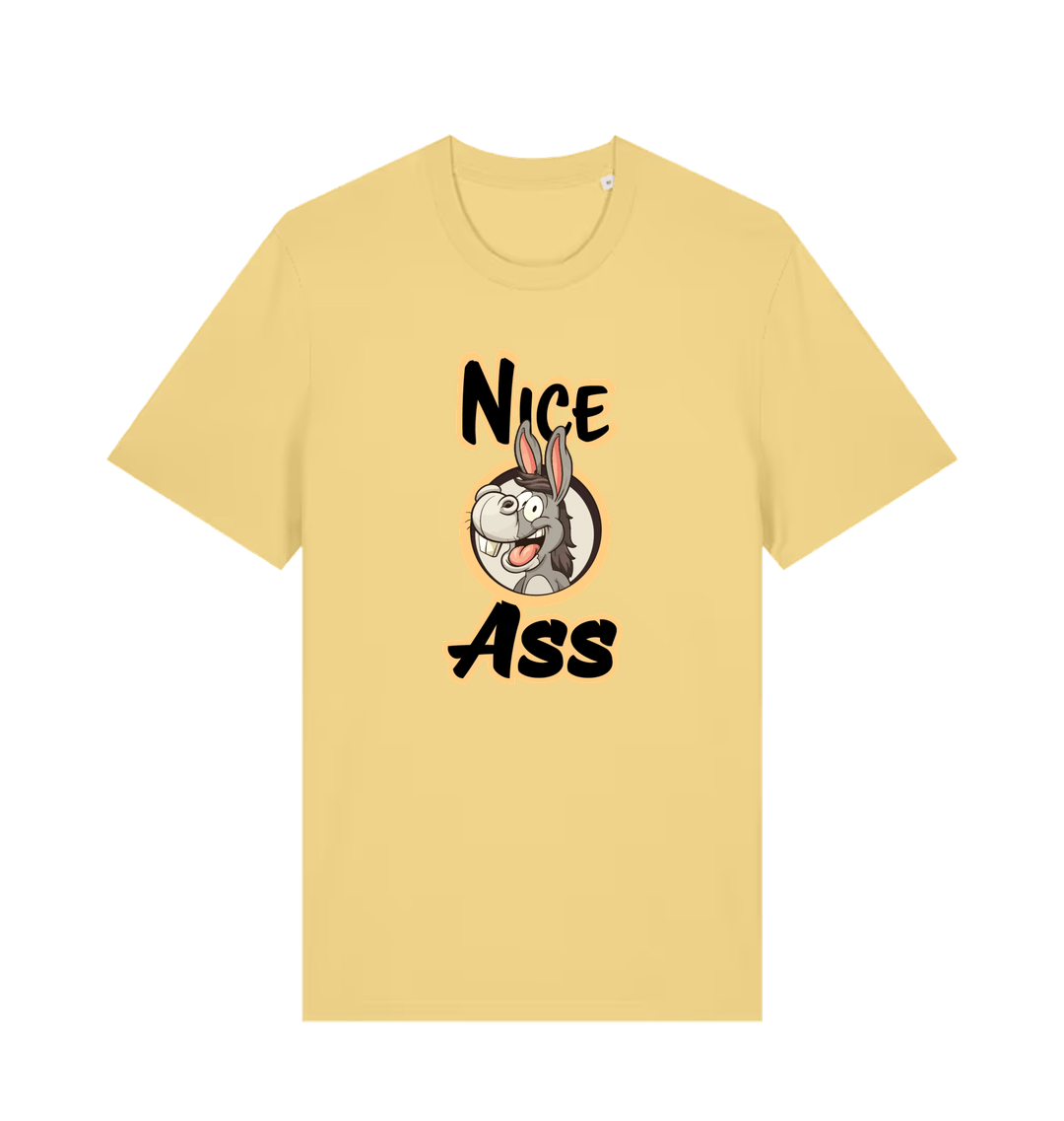 yellow funny offensive t-shirt with the graphic of a donkey and the slogan 'nice ass'