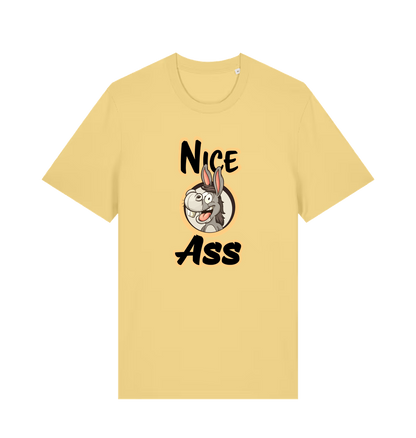 yellow funny offensive t-shirt with the graphic of a donkey and the slogan 'nice ass'