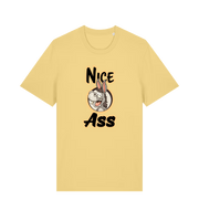 yellow funny offensive t-shirt with the graphic of a donkey and the slogan 'nice ass'